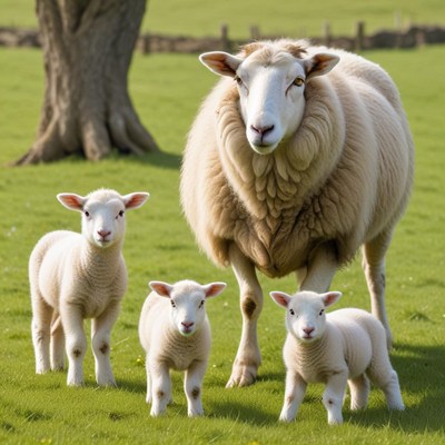 Sheep and lambs in green field