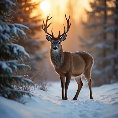 Deer in snowy forest at sunset
