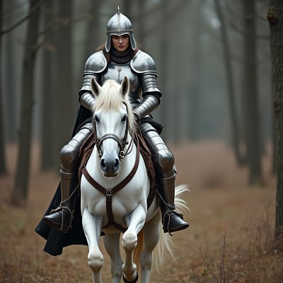 Knight riding horse in a forest