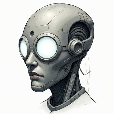 Robot head with goggles and wires