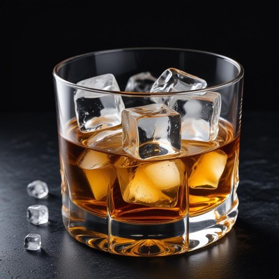 Whiskey served with ice cubes in a glass