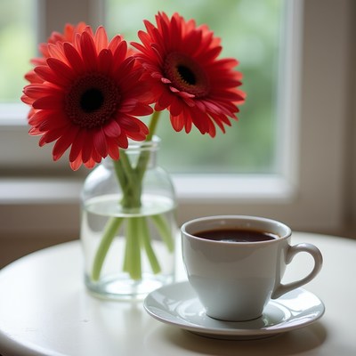 Coffee and red flowers on table
