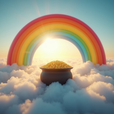 Pot of gold under rainbow in clouds