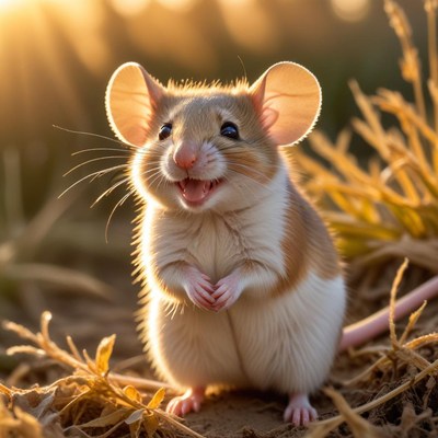 Mouse standing in field at sunset