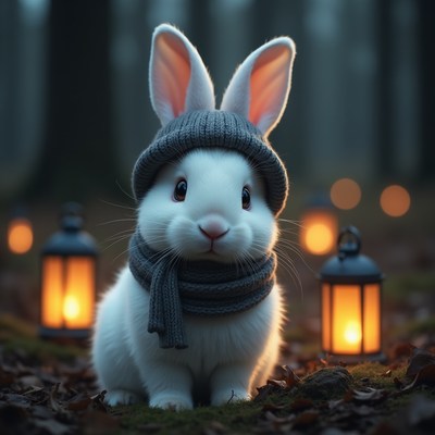 Rabbit wearing hat in forest at night