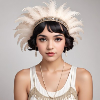 Woman in feather headpiece poses for camera