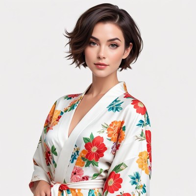 Model in floral robe posing indoors