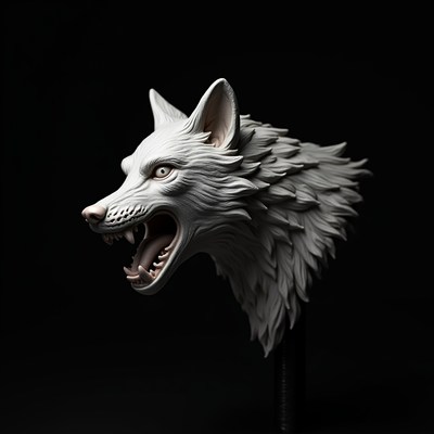 Wolf head sculpture in monochrome display
