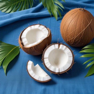 Coconuts on blue fabric background