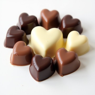 Heart-shaped chocolates on white surface