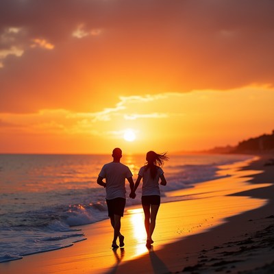 Couple walks along the beach at sunset