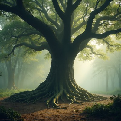 Majestic tree in misty forest