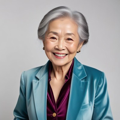 Happy woman in blue jacket smiling