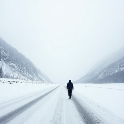 Walking on a snowy road in winter
