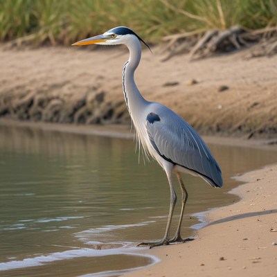 Heron stands by the water