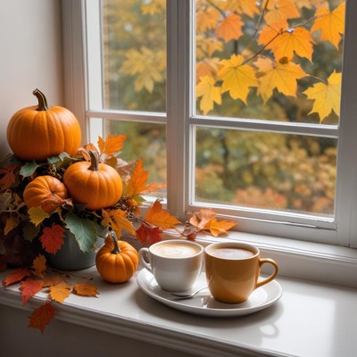 Fall scene with pumpkins and coffee
