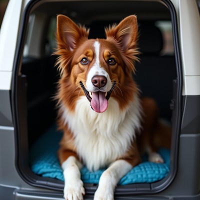Dog resting in car trunk