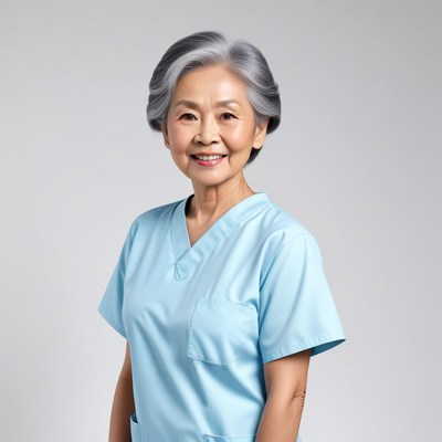 Senior nurse wearing scrubs and smiling