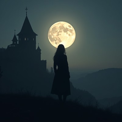 Silhouette at the castle under moon