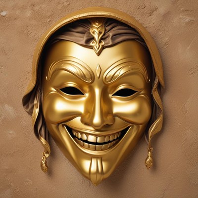 Golden mask with a smiling face display