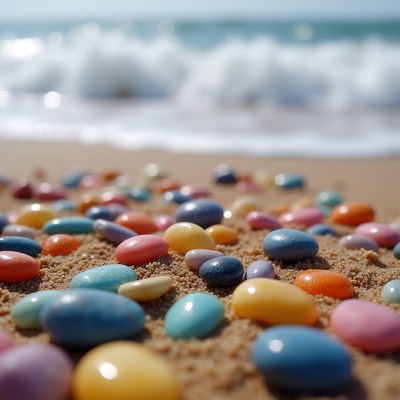 Colorful pebbles on sandy beach
