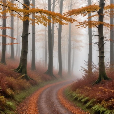 Foggy forest path in autumn