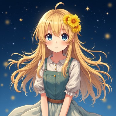 Girl with sunflower at night