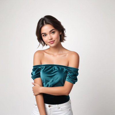 Young woman in teal top poses