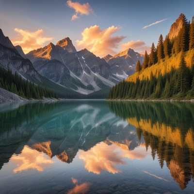 Mountains and lake reflect sunset colors