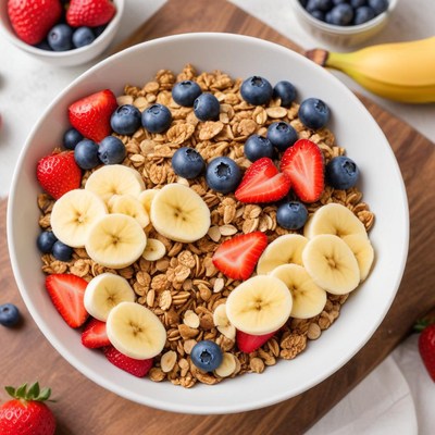 Fresh fruit and granola bowl in a kitchen
