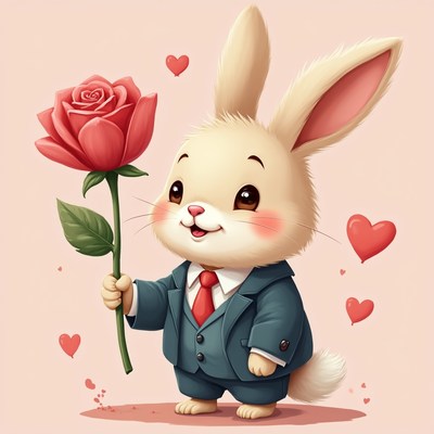 Cute rabbit in suit holding rose