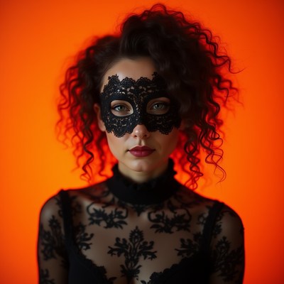 Woman in black mask with orange background