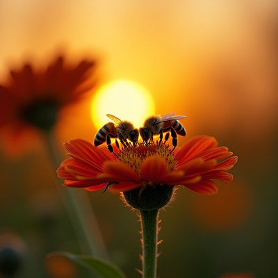 Bees collecting nectar at sunset