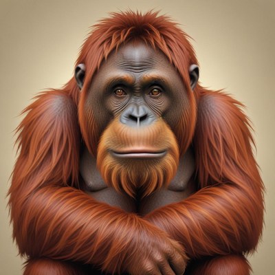 Orangutan with brown fur and serious expression