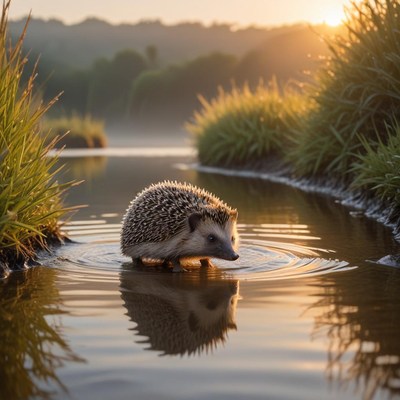 Hedgehog exploring water at sunset