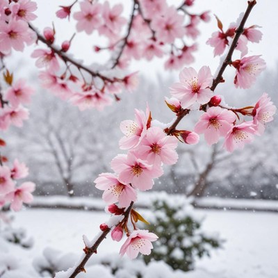 Cherry blossoms in winter snowfall