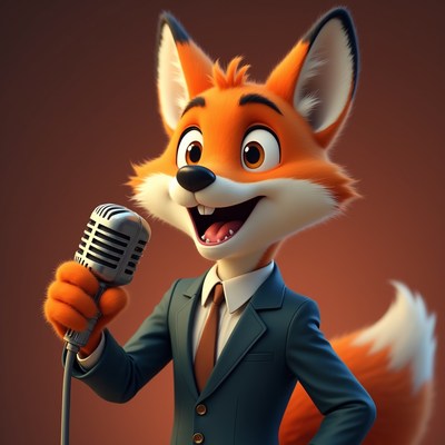 Cartoon fox with microphone in suit