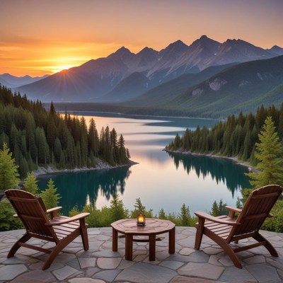 Sunset over the lake and mountains