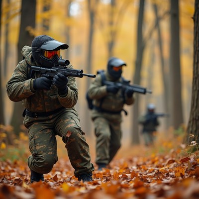 Soldiers move through autumn forest