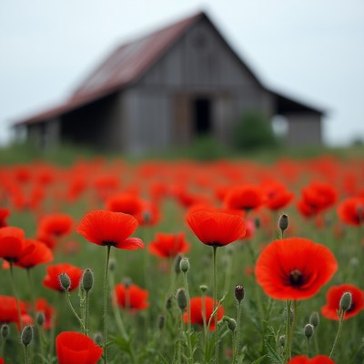 Poppies bloom near old barn