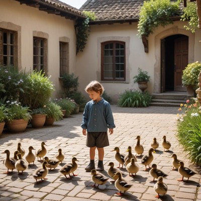 Child stands among ducks in courtyard