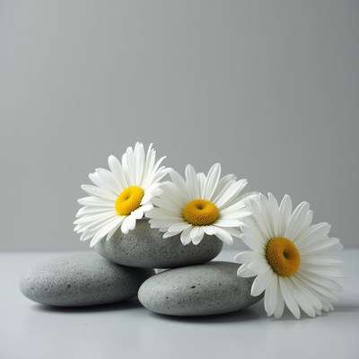 Flowers and stones on a flat surface