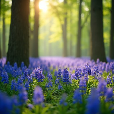 Blue flowers bloom in the forest