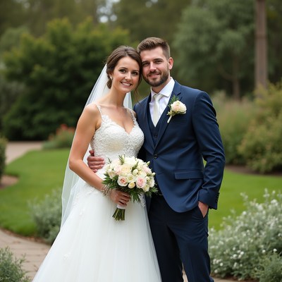 Wedding couple in garden pose