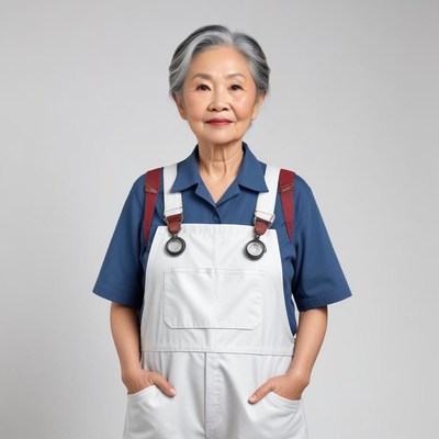 Elderly woman in overalls stands confidently
