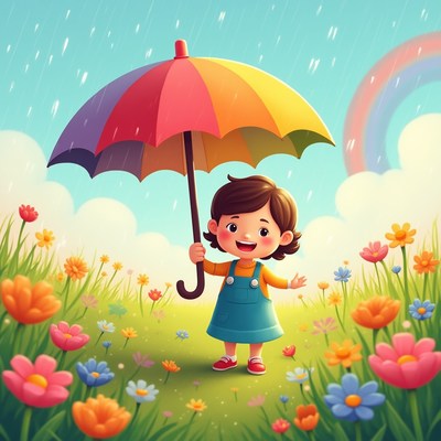 Girl with rainbow umbrella in spring