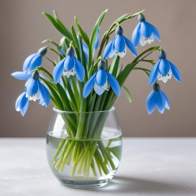 Blue flowers in clear vase on table