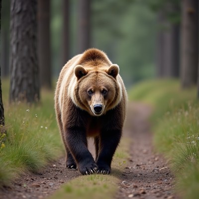 Brown bear walking on forest path