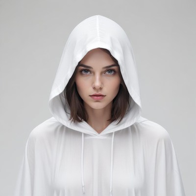Woman in white hoodie, serious expression