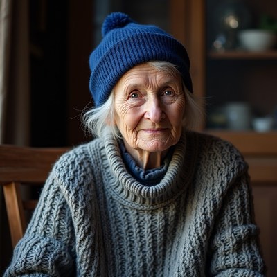 Elderly woman wearing cozy clothing indoors